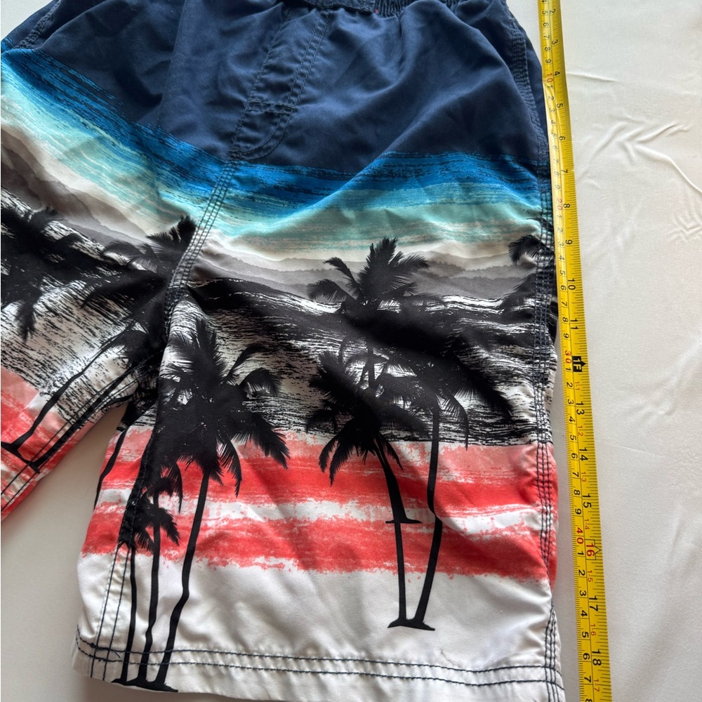 Okanu Brand, Blue & Red Striped Swim Trunks W/Tropical Print, Boy’s (Sz L 14/16) - Picture 3 of 7